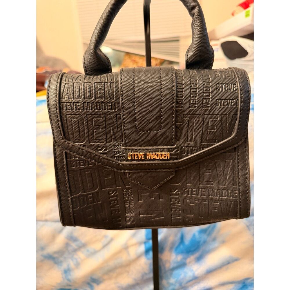Steve Madden Black Embossed Logo Crossbody Satchel Bag with Gold Tone Hardware